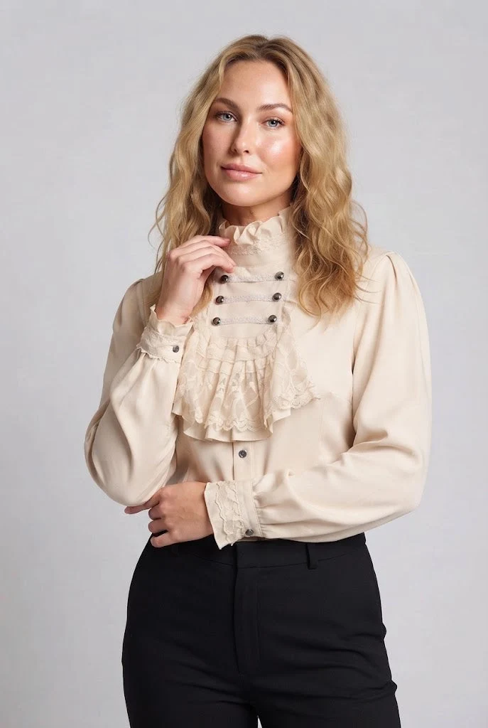 Damen Elegante Rüschenshirt mit hochwertiger Spitze und maßgeschneidertem Schnitt Drune