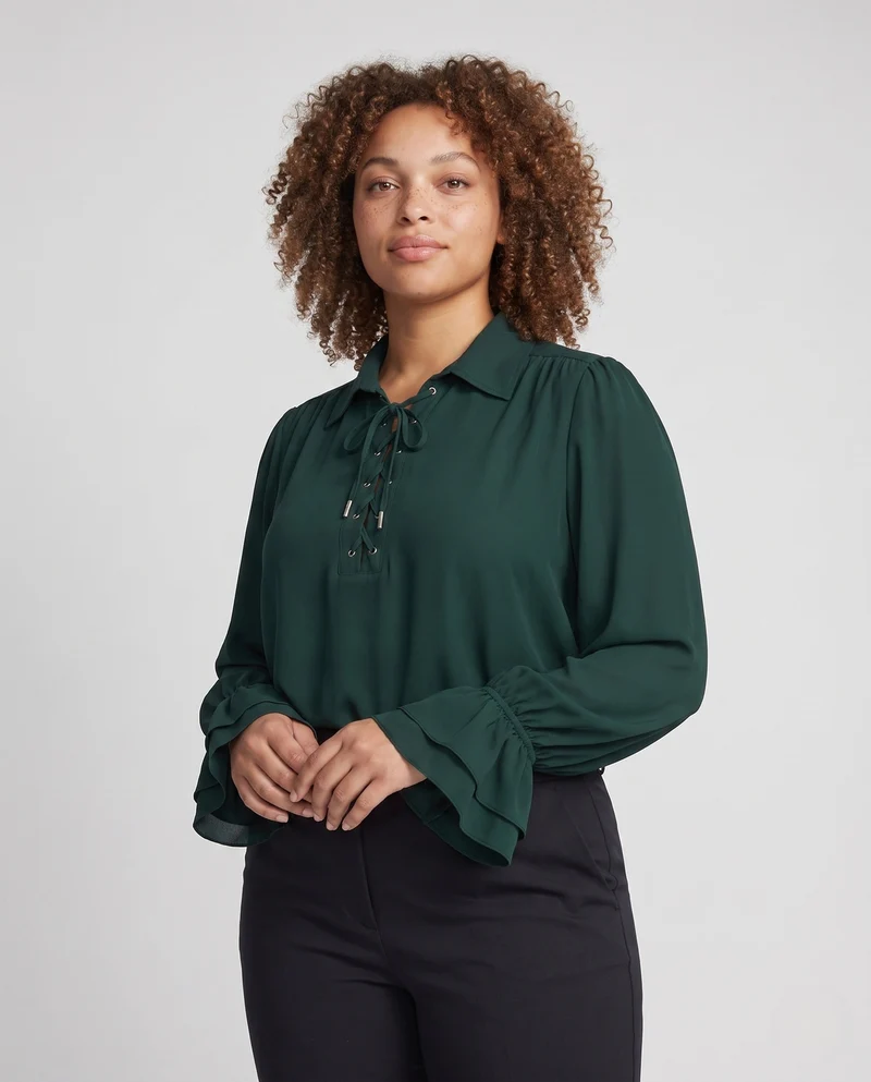 Frauen Elegante Rüschbluse mit Schnürung und Weiten Schwingen Ärmel Drune