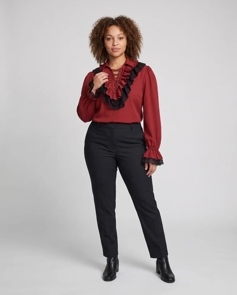 Damen Elegantes Rüschenshirt mit Spitzenbesatz und Schnürung Drune