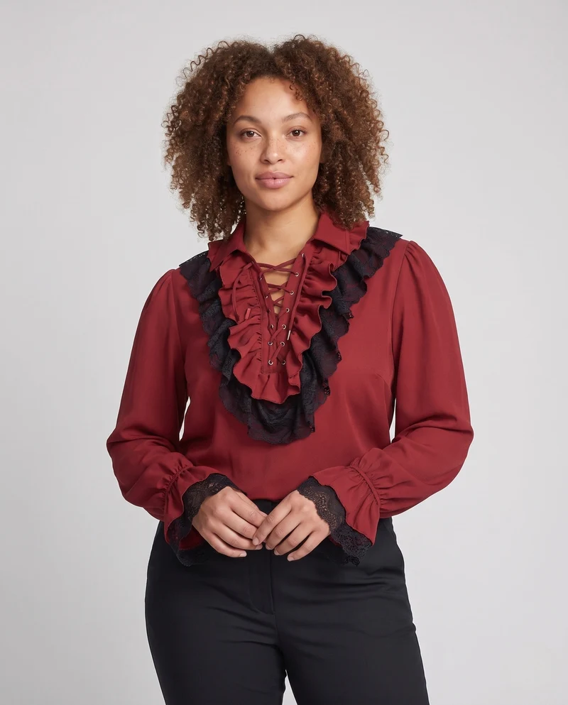 Damen Elegantes Rüschenshirt mit Spitzenbesatz und Schnürung Drune