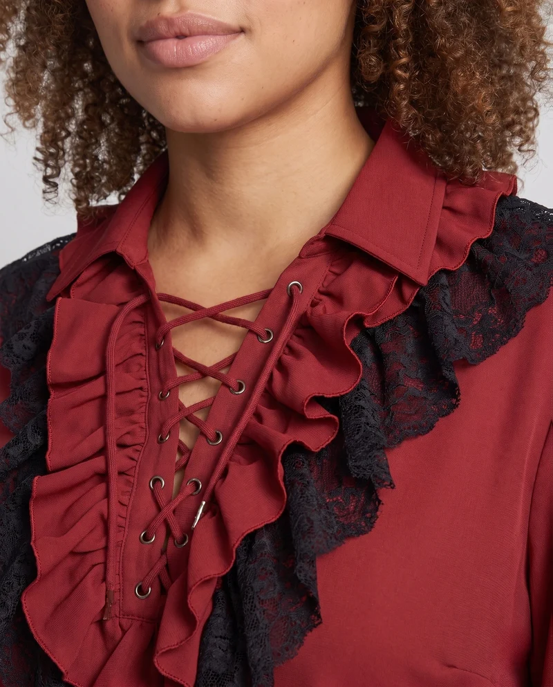 Damen Elegantes Rüschenshirt mit Spitzenbesatz und Schnürung Drune