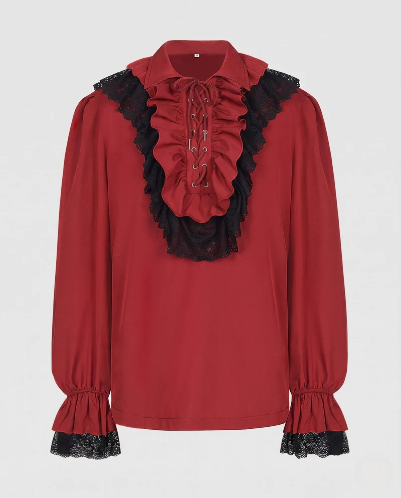 Damen Elegantes Rüschenshirt mit Spitzenbesatz und Schnürung Drune