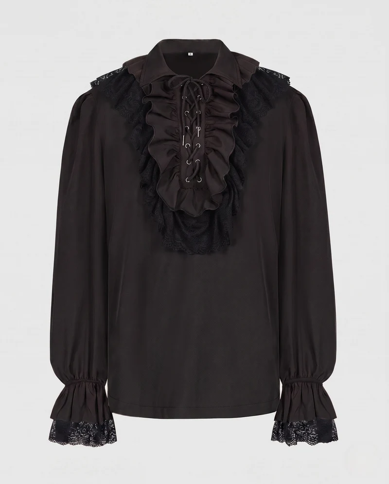 Damen Elegantes Rüschenshirt mit Spitzenbesatz und Schnürung Drune