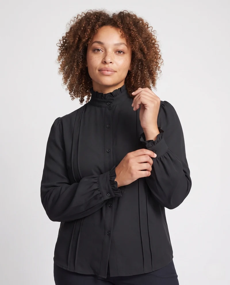 Damen elegante Rüschenshirt mit Stehkragen Drune