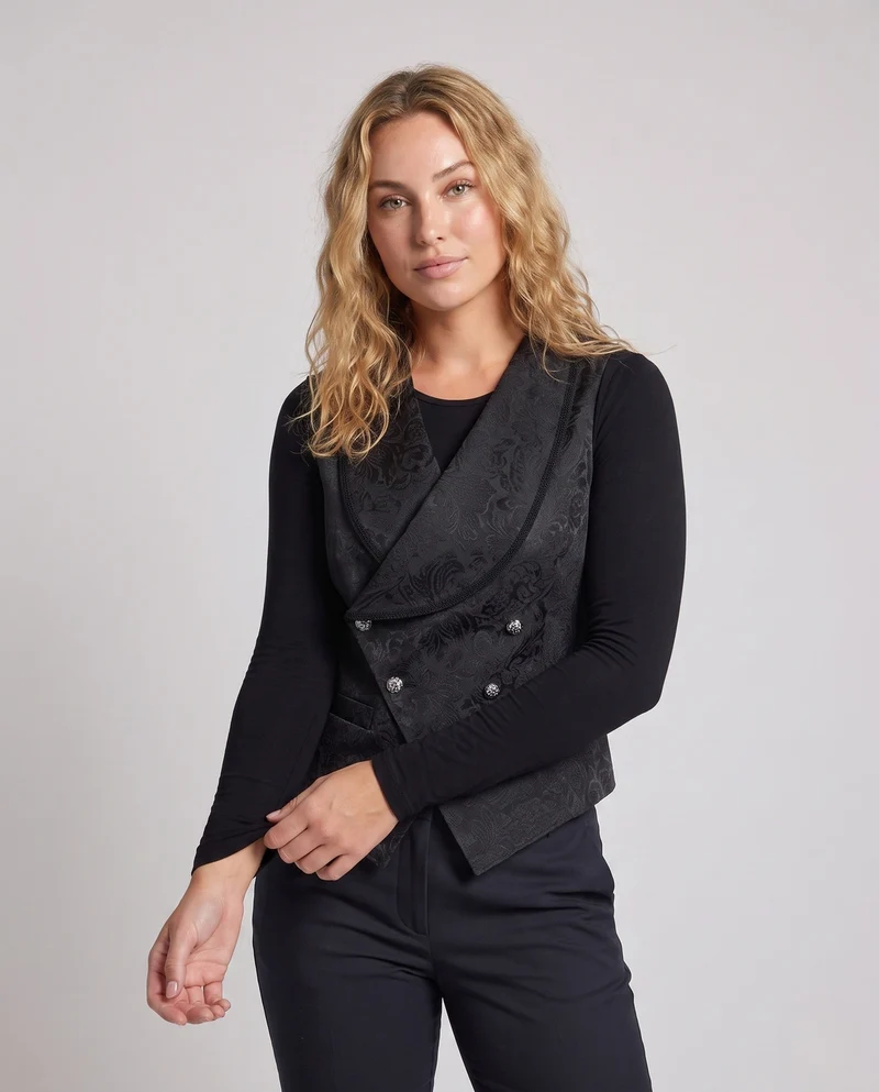 Damen Elegante Samt-Weste mit Blumenmustern und doppelter Knopfleiste Drune