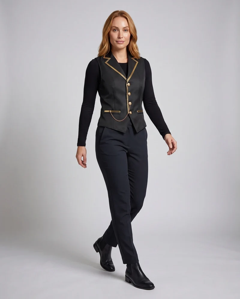 Damen Elegantes Weste mit goldenen Akzenten und dekorativem Kettenmotiv Drune