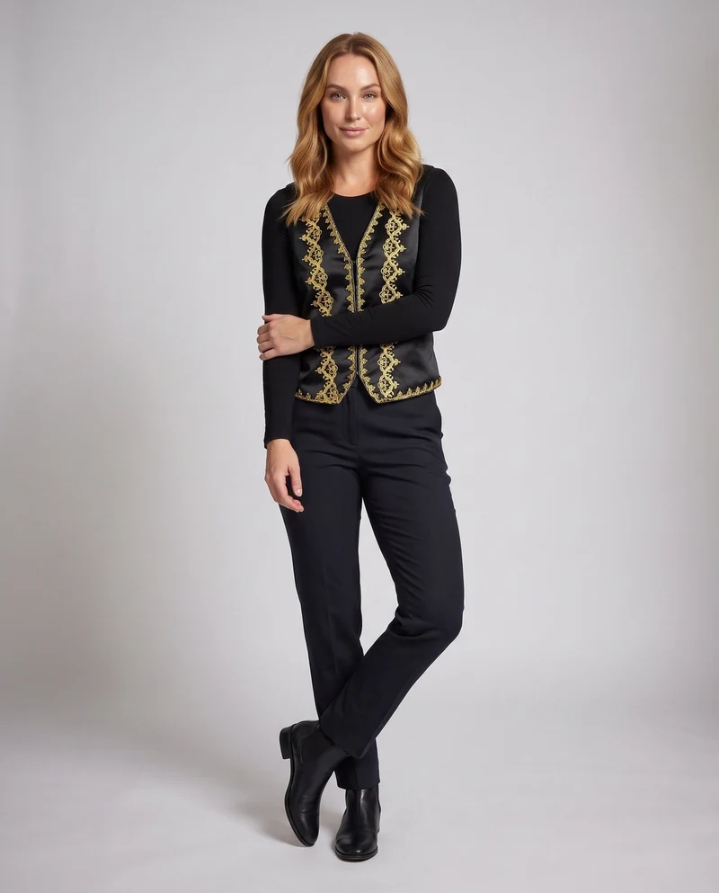 Damen elegantes Weste mit intricate goldfarbenem Muster Drune