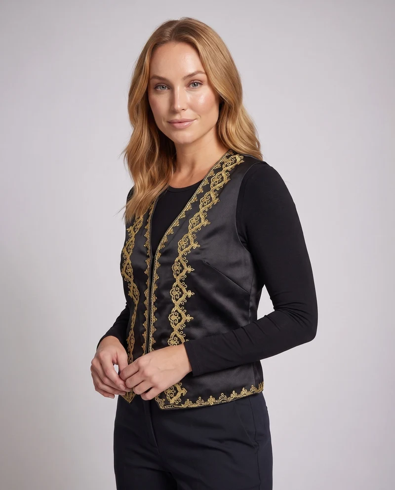 Damen elegantes Weste mit intricate goldfarbenem Muster Drune