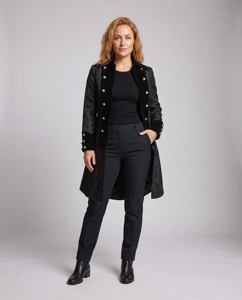 Damen Eleganter Brokatmantel mit Goldakzenten Drune