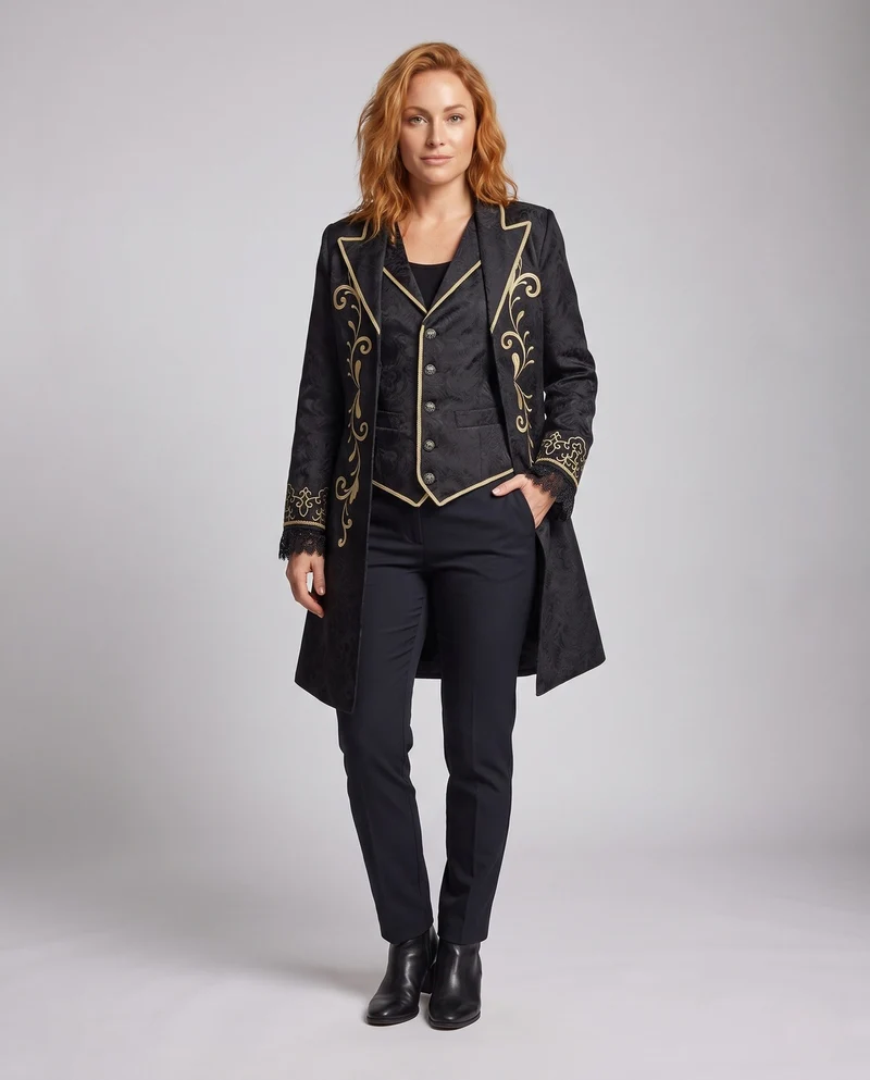 Damen eleganter Brokatmantel mit aufwendigen Verzierungen und tiefem Revers Drune
