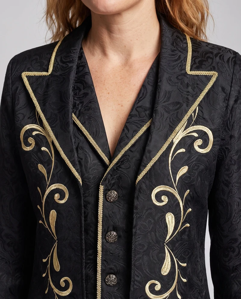 Damen eleganter Brokatmantel mit aufwendigen Verzierungen und tiefem Revers Drune