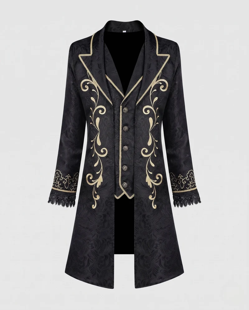 Damen eleganter Brokatmantel mit aufwendigen Verzierungen und tiefem Revers Drune