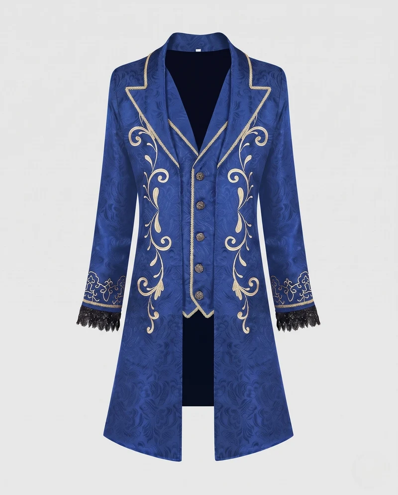 Damen eleganter Brokatmantel mit aufwendigen Verzierungen und tiefem Revers Drune
