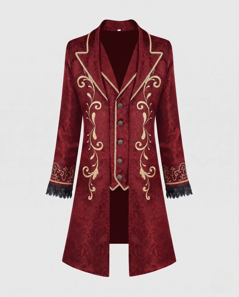 Damen eleganter Brokatmantel mit aufwendigen Verzierungen und tiefem Revers Drune