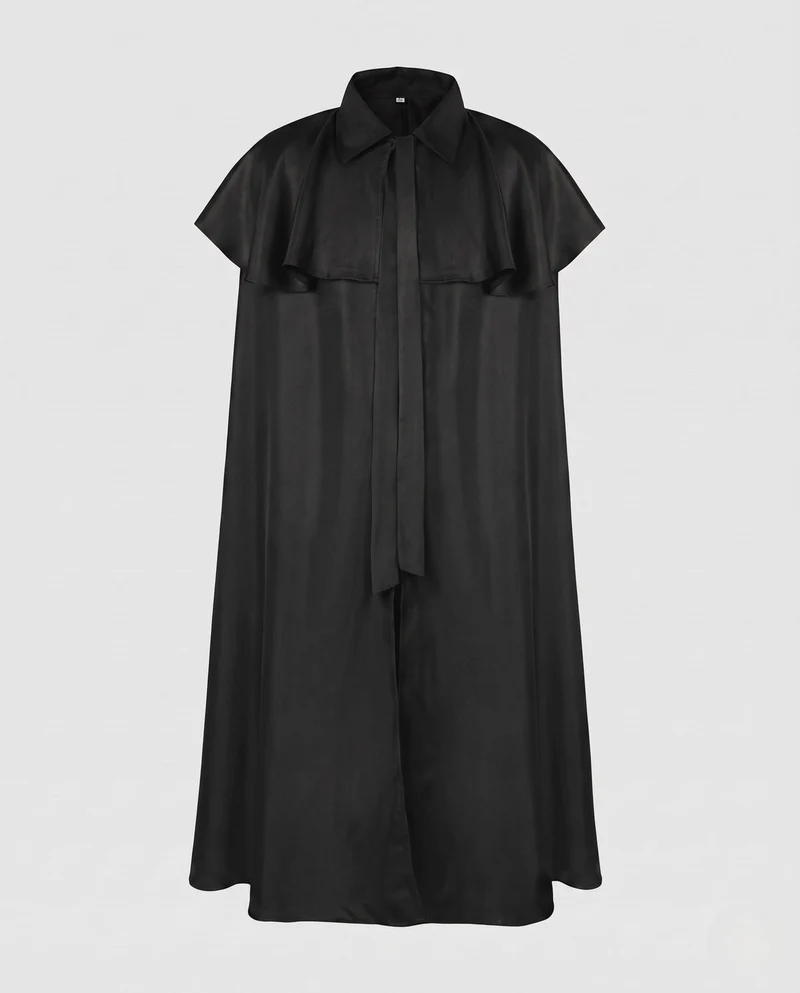 Damen Eleganter Cape-Mantel mit Bindegürtel und kurzer Schnit Drune