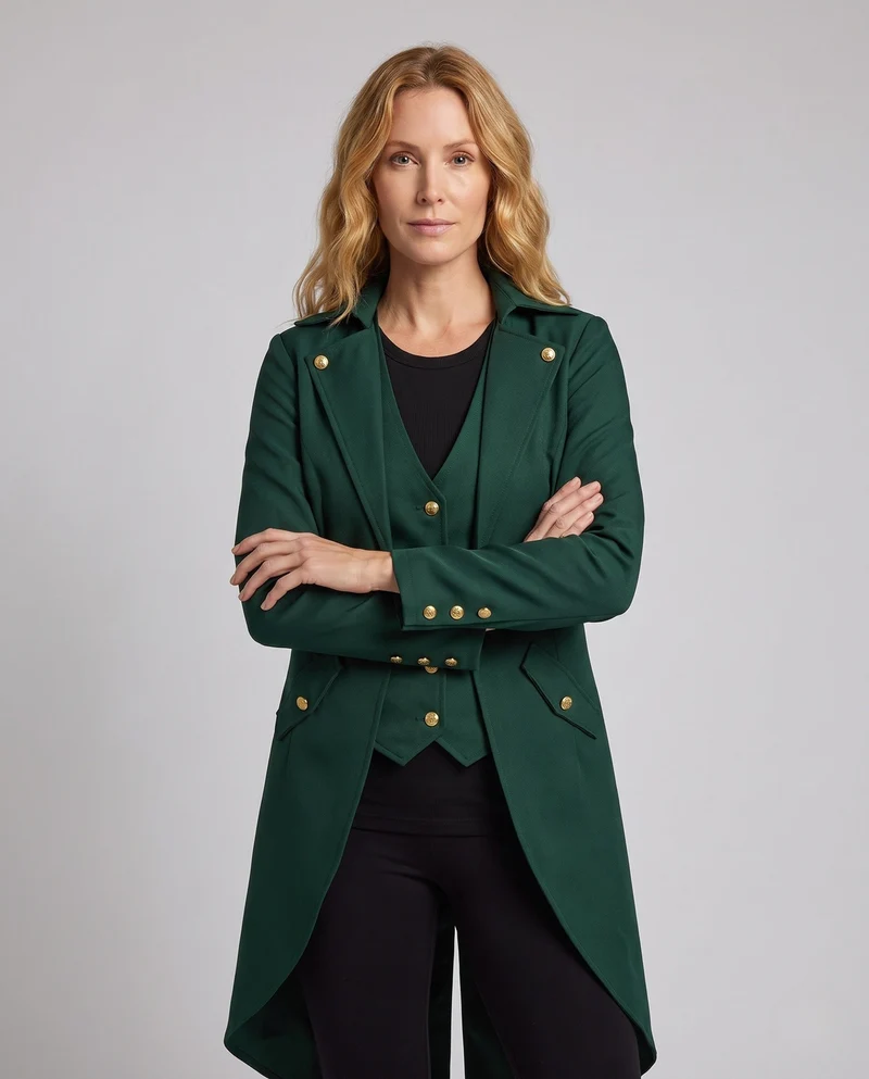Damen eleganter Frack mit aufwendigen Knöpfen und umgeschlagenem Kragen Drune
