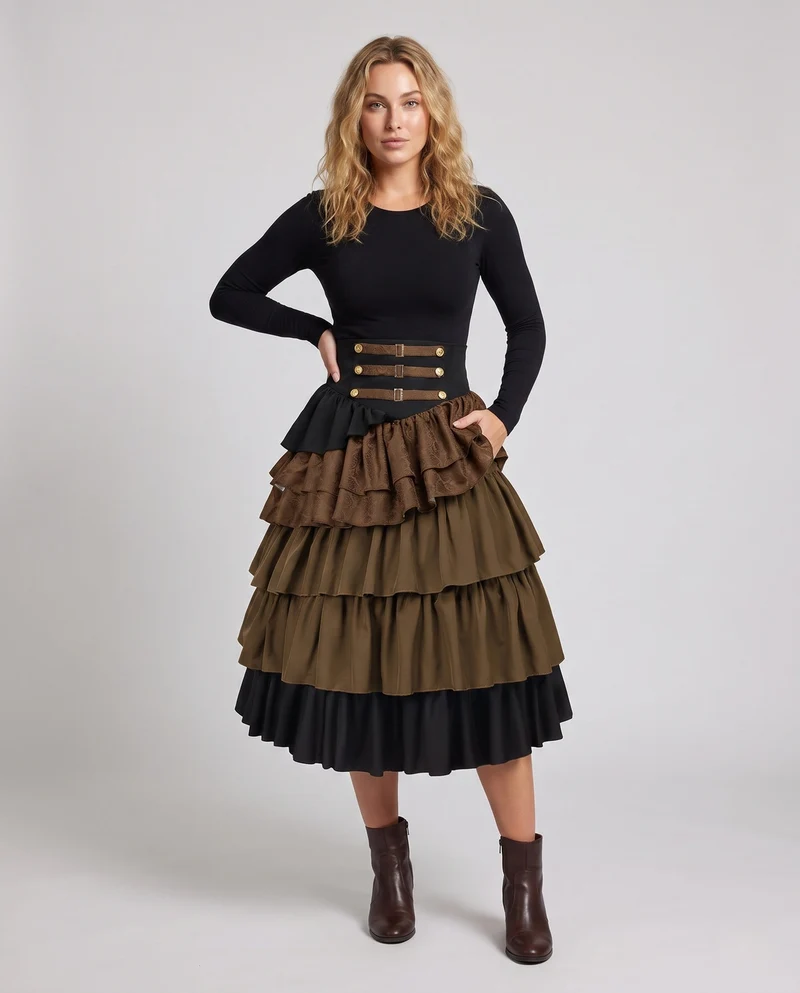 Damen Eleganter gestufter Rock mit aufwendigen Rüschen und dekorativen Knöpfen Drune