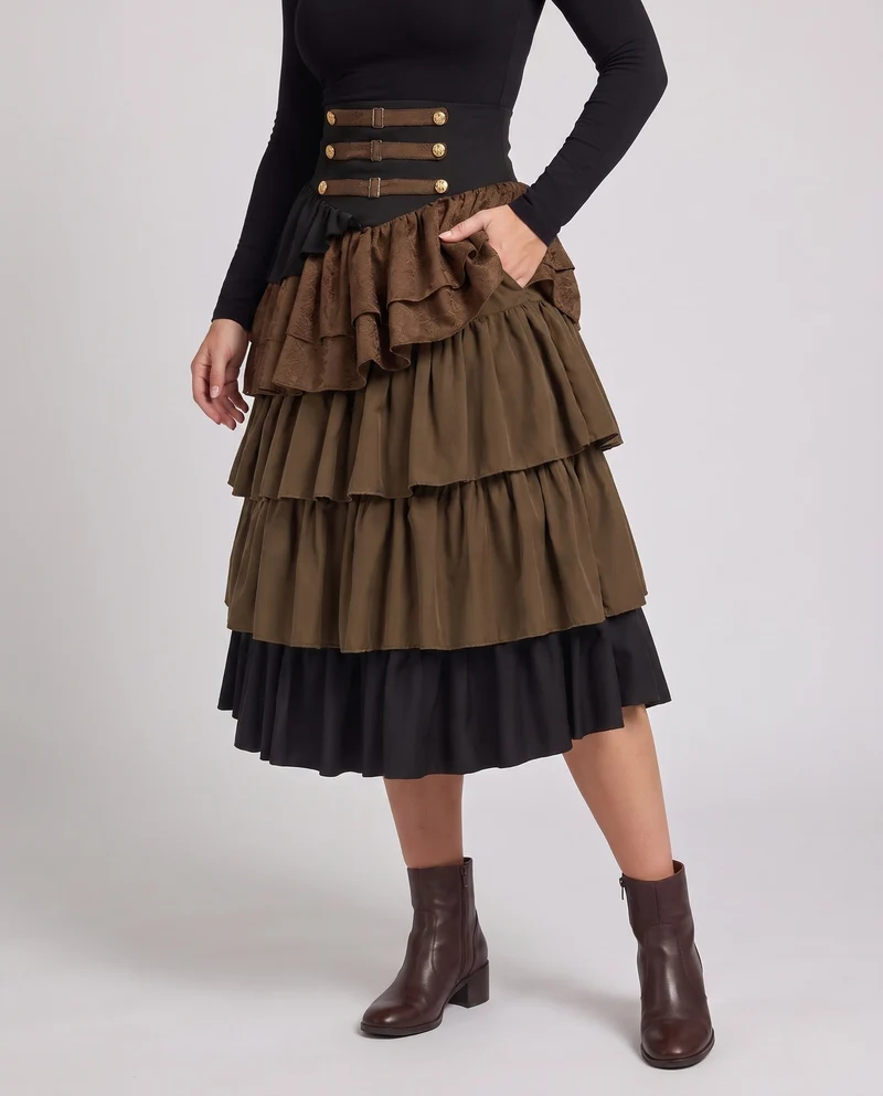 Damen Eleganter gestufter Rock mit aufwendigen Rüschen und dekorativen Knöpfen Drune