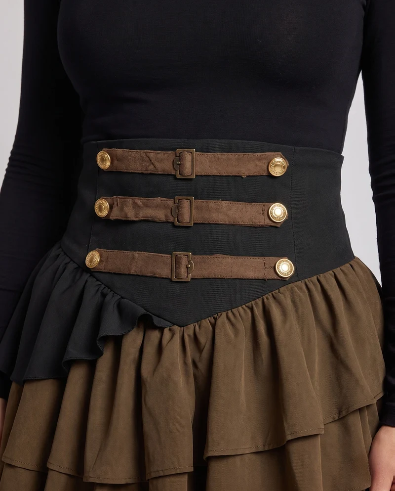 Damen Eleganter gestufter Rock mit aufwendigen Rüschen und dekorativen Knöpfen Drune