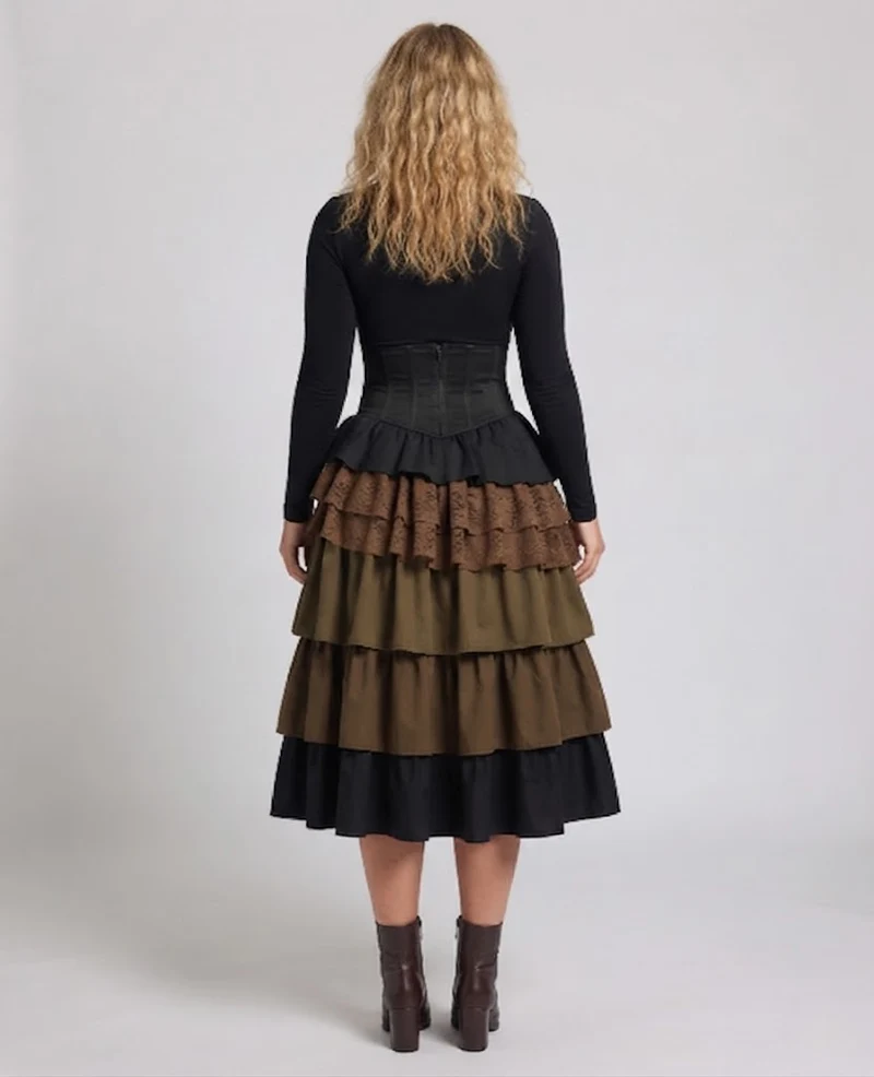 Damen Eleganter gestufter Rock mit aufwendigen Rüschen und dekorativen Knöpfen Drune