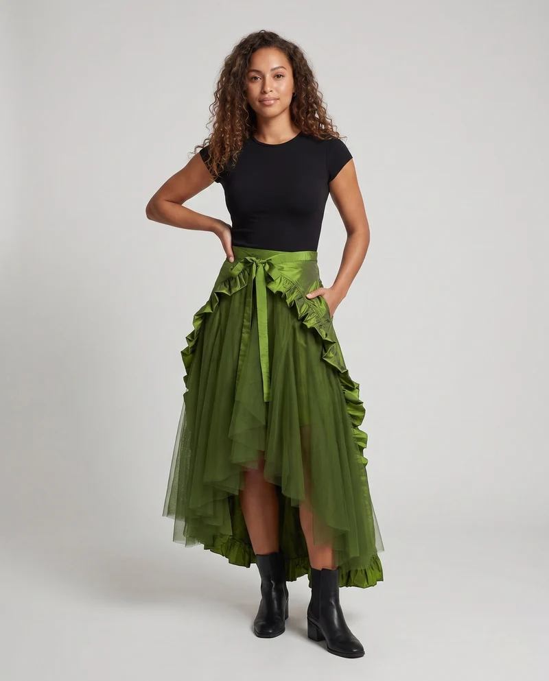 Damen Elegante Rüschenschürze mit High-Low Saum Drune