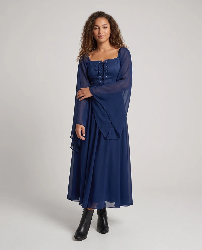 Frauen Elegantes Historisches Kleid mit Weiten Ausgestellten Ärmeln und Schnürung Drune