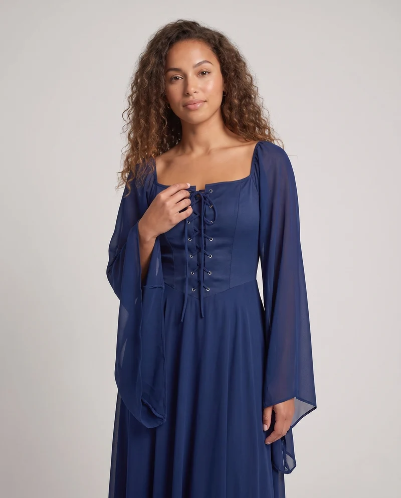 Frauen Elegantes Historisches Kleid mit Weiten Ausgestellten Ärmeln und Schnürung Drune