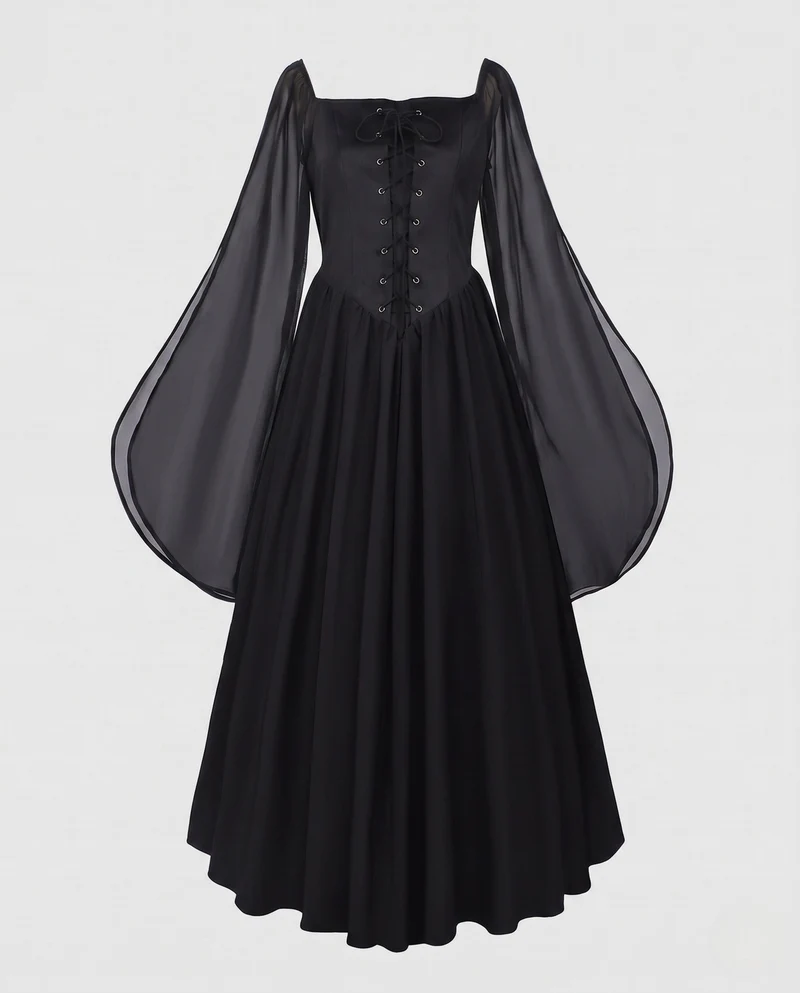 Frauen Elegantes Historisches Kleid mit Weiten Ausgestellten Ärmeln und Schnürung Drune