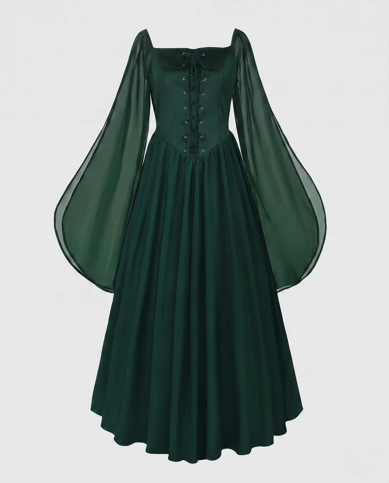 Frauen Elegantes Historisches Kleid mit Weiten Ausgestellten Ärmeln und Schnürung Drune