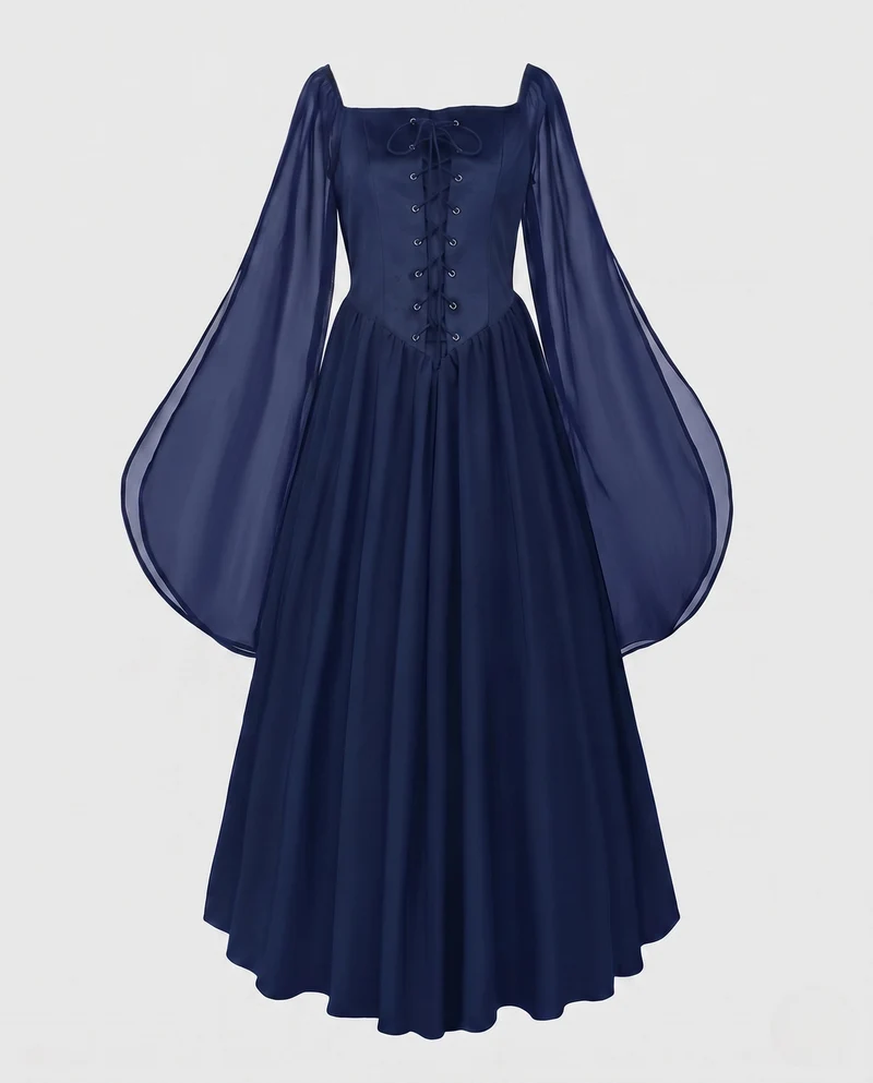 Frauen Elegantes Historisches Kleid mit Weiten Ausgestellten Ärmeln und Schnürung Drune