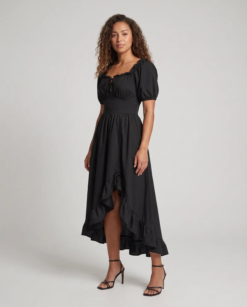 Damen Elegantes Maxi-Kleid mit Puffärmeln und Rüscheldetails Drune