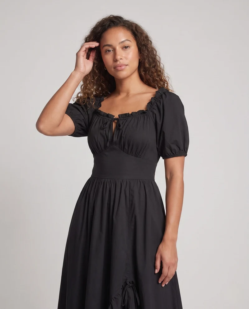 Damen Elegantes Maxi-Kleid mit Puffärmeln und Rüscheldetails Drune