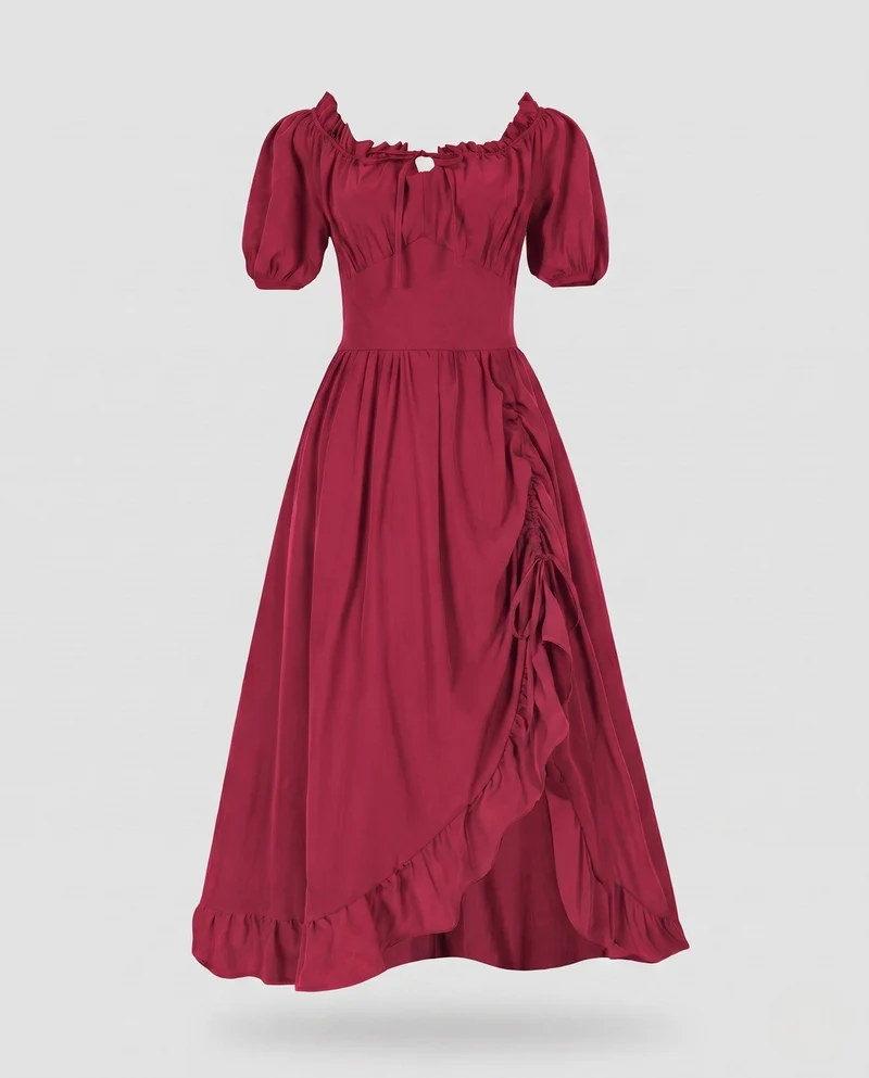 Damen Elegantes Maxi-Kleid mit Puffärmeln und Rüscheldetails Drune