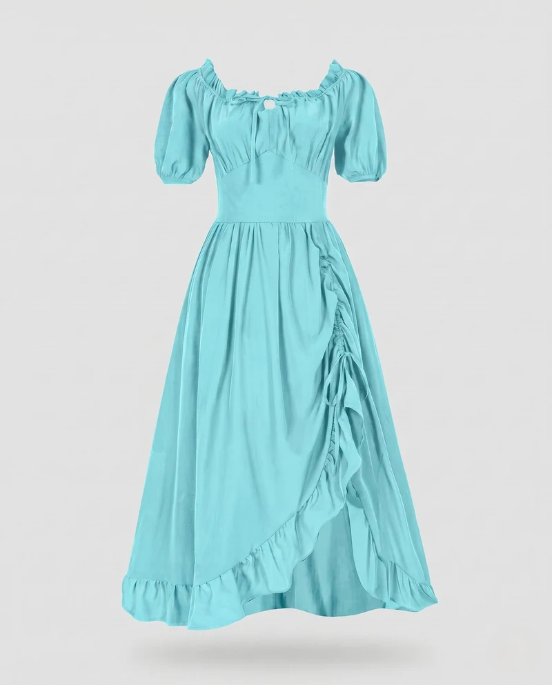 Damen Elegantes Maxi-Kleid mit Puffärmeln und Rüscheldetails Drune
