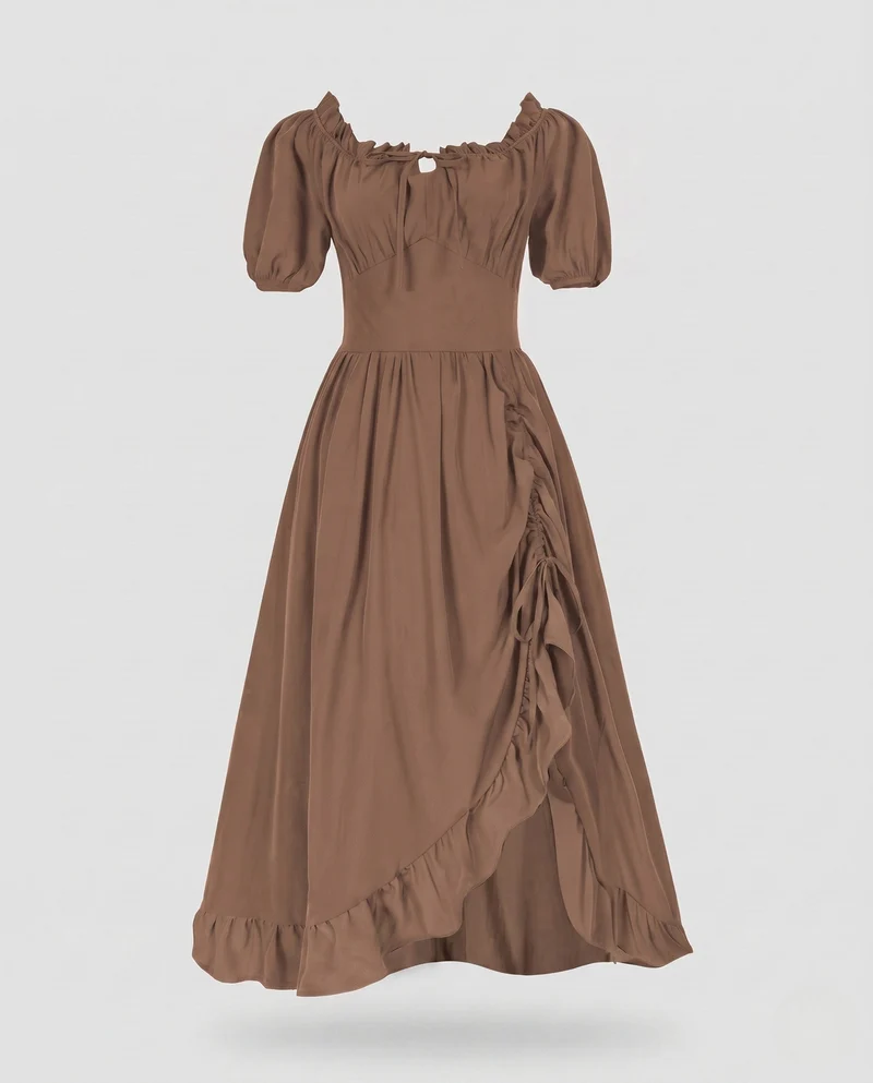 Damen Elegantes Maxi-Kleid mit Puffärmeln und Rüscheldetails Drune