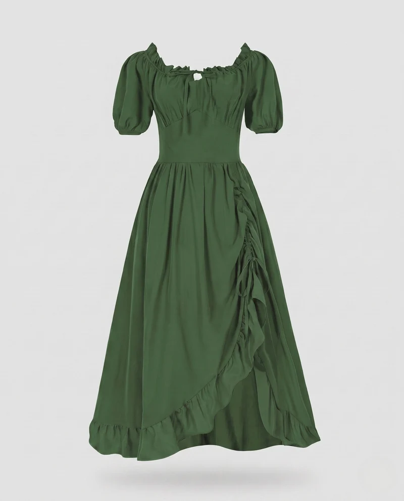 Damen Elegantes Maxi-Kleid mit Puffärmeln und Rüscheldetails Drune