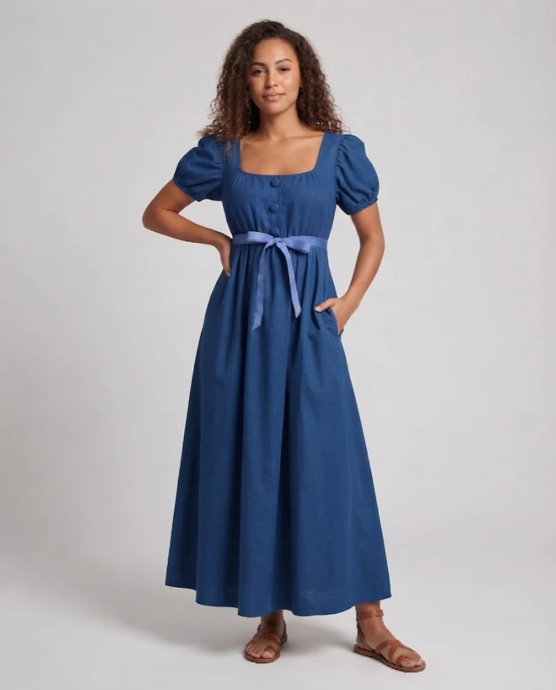 Frauen Elegantes Maxikleid mit Puffärmeln und Taillengürtel Drune