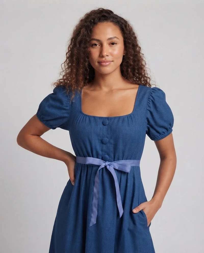 Frauen Elegantes Maxikleid mit Puffärmeln und Taillengürtel Drune