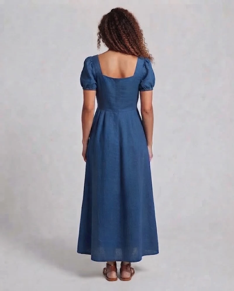 Frauen Elegantes Maxikleid mit Puffärmeln und Taillengürtel Drune