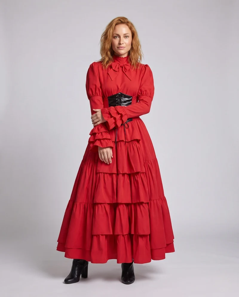 Frauen Elegantes Rüschenspiel Kleid mit Hohem Kragen und Schnürdetails Drune