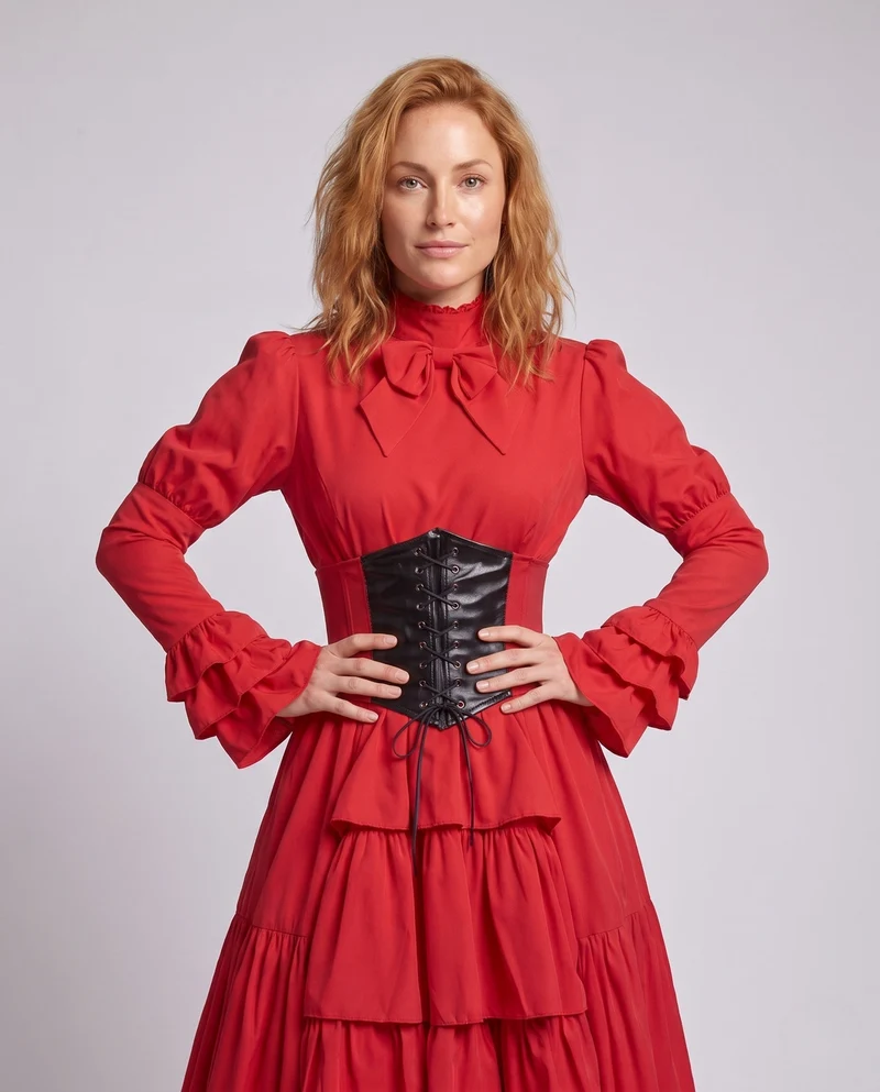 Frauen Elegantes Rüschenspiel Kleid mit Hohem Kragen und Schnürdetails Drune