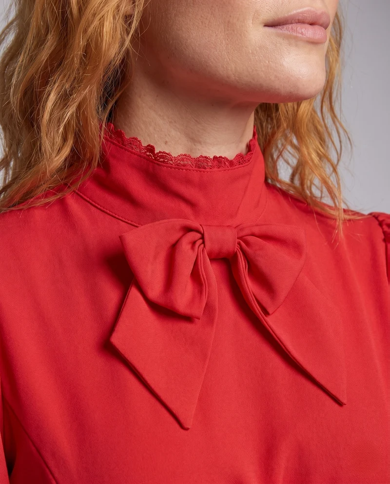 Frauen Elegantes Rüschenspiel Kleid mit Hohem Kragen und Schnürdetails Drune