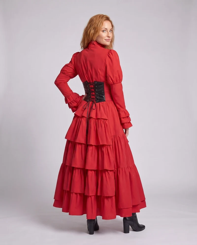 Frauen Elegantes Rüschenspiel Kleid mit Hohem Kragen und Schnürdetails Drune
