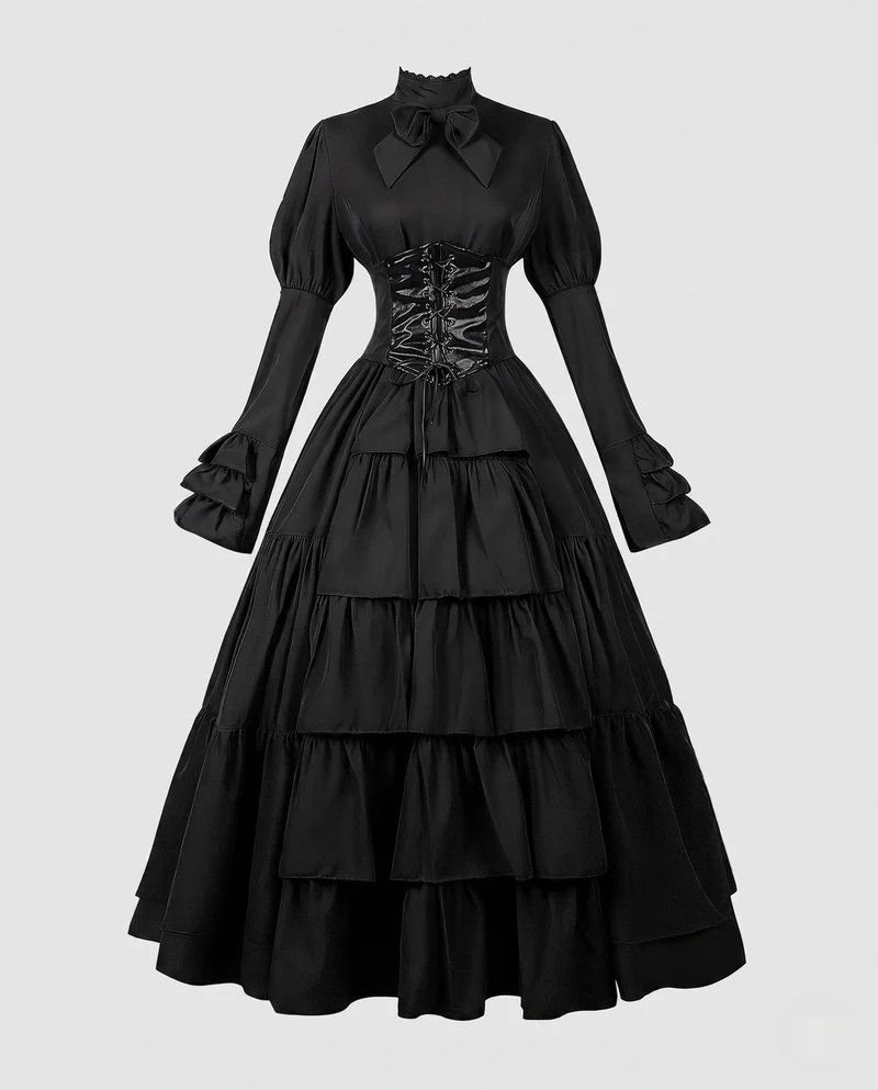 Frauen Elegantes Rüschenspiel Kleid mit Hohem Kragen und Schnürdetails Drune