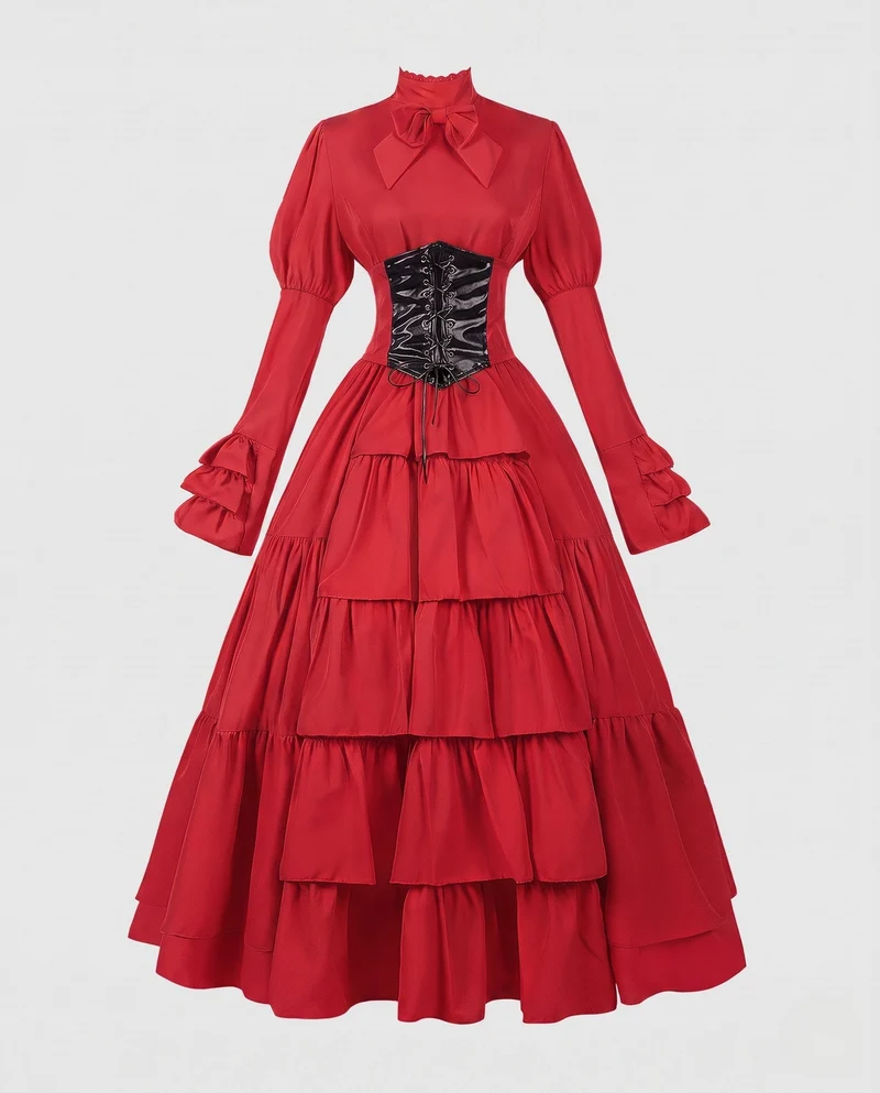 Frauen Elegantes Rüschenspiel Kleid mit Hohem Kragen und Schnürdetails Drune