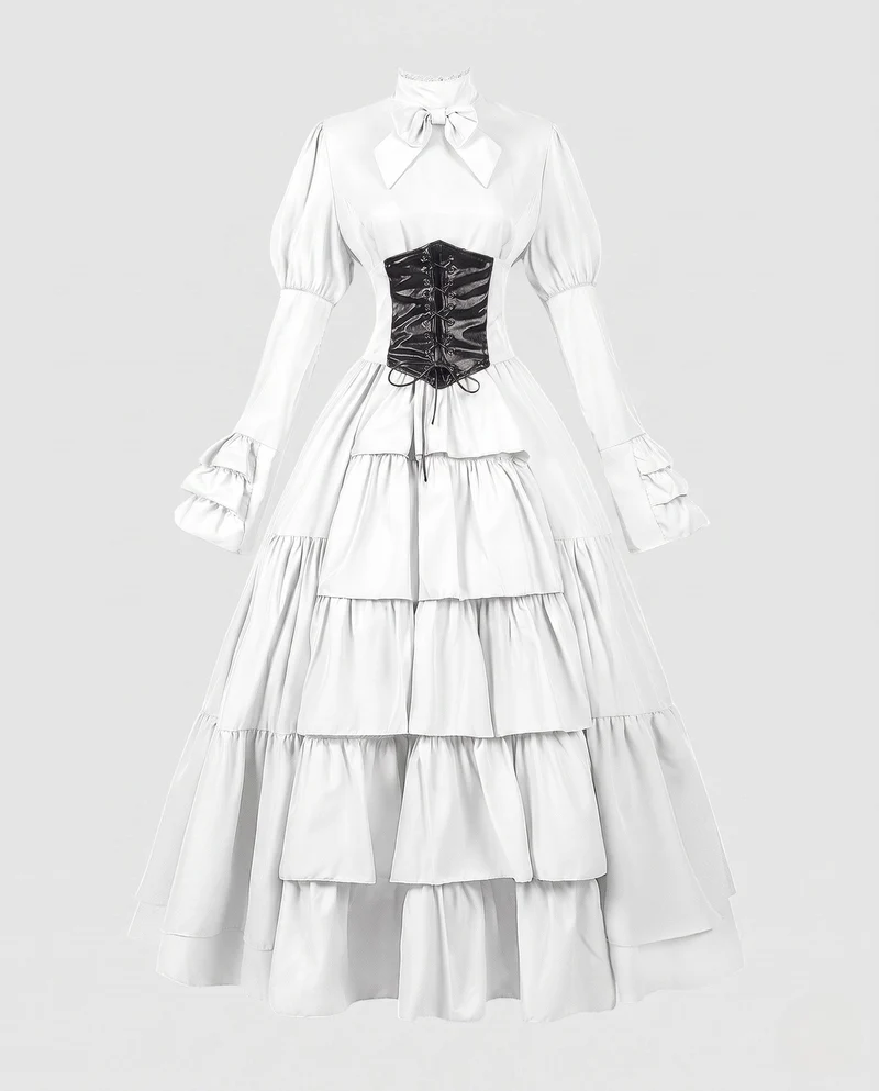 Frauen Elegantes Rüschenspiel Kleid mit Hohem Kragen und Schnürdetails Drune