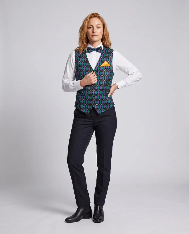 Damen festliche Weste mit buntem Karomuster und passenden Accessoires Drune
