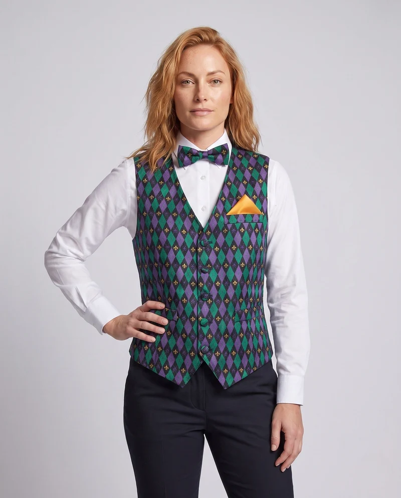 Damen festliche Weste mit buntem Karomuster und passenden Accessoires Drune