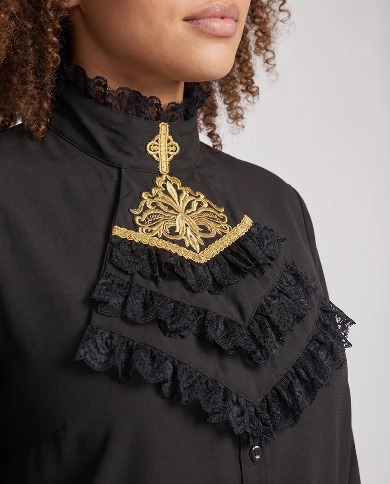 Damen historische Rüschenbluse mit künstlerischen Verzierungen Drune