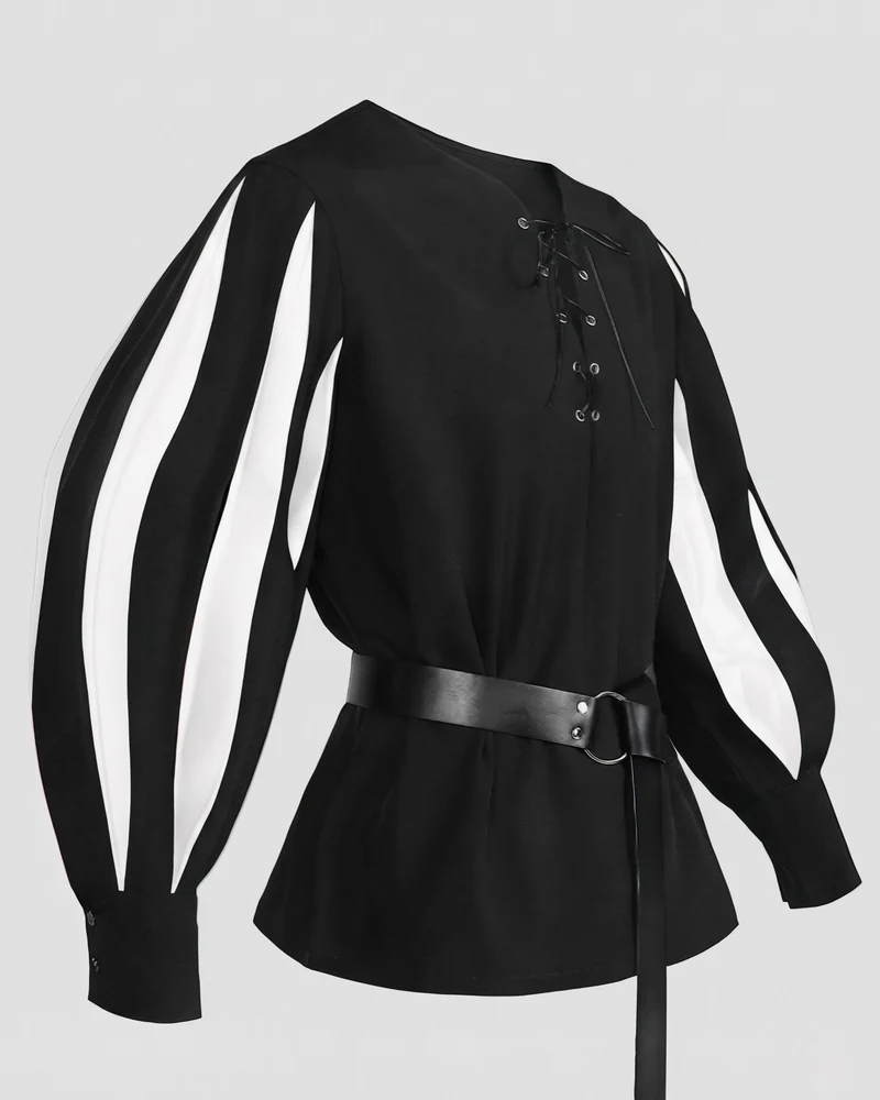 Damen Historisches Patrick Kostümshirt mit Dekorativem Spitzenverschluss und Farbigen Akzenten Drune